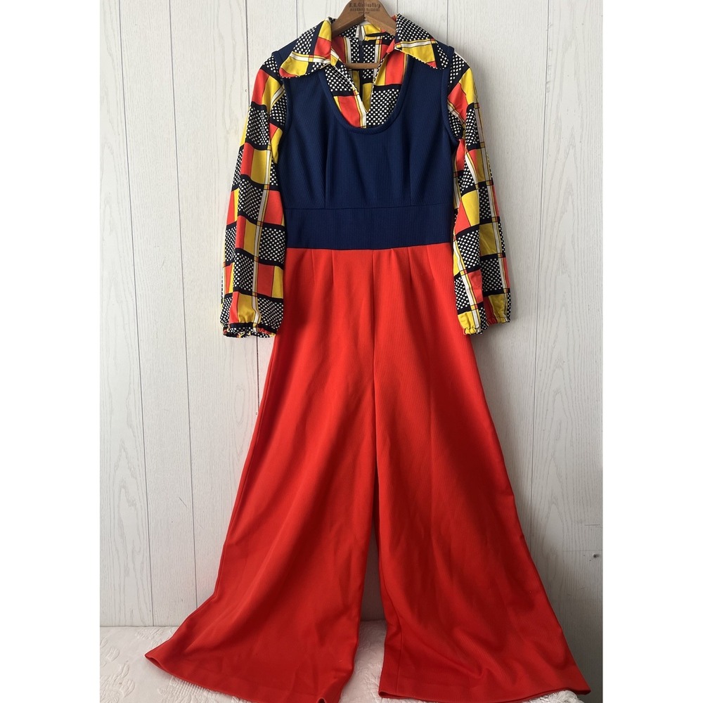 VTG 1970's Wide Leg Palazzo Jumpsuit Sz M STOCKTON colorful Jumper Blue Red
